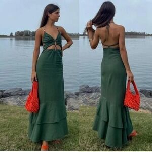 Zara Olive Green Cutout Halter Asymmetrical Maxi Dress Linen Blend L